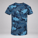 A short-sleeve crewneck t-shirt featuring an all-over camouflage pattern in shades of blue, from light sky blue to dark navy, displayed on a neutral gray background.