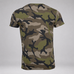 A short-sleeve crewneck t-shirt with a classic woodland camouflage pattern, shown from the back on a light gray background.
