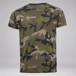 A short-sleeve crewneck t-shirt featuring a classic woodland camouflage pattern in green, brown, beige, and black, displayed on a neutral gray background.