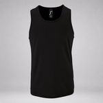 A black sleeveless tank top with a wide scoop neck, displayed on a neutral light gray background.