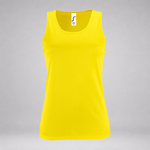 A bright yellow sleeveless tank top displayed on a neutral gray background.