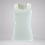 A sleeveless athletic tank top in a very light mint green color, displayed on a neutral gray background.