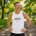 A smiling middle-aged man standing on a park path wearing a white tank top with a colorful 'Kirkcaldy Parks Running Festival' graphic and black shorts.