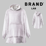A light grey plush fleece hoodie shown from the front, with a smaller back view inset on the right and the text 'BRAND LAB' at the top on a plain grey background.