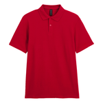 A red short-sleeve polo shirt with a two-button placket, displayed flat against a solid white background.