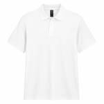 A white short-sleeve polo shirt with a classic collar and a two-button placket, shown against a plain white background.