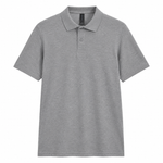 A classic short-sleeve polo shirt in sport grey, featuring a two-button placket and a ribbed collar, shown against a plain white background.