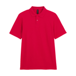 A cherry red short-sleeve polo shirt with a two-button placket, displayed flat against a solid white background.