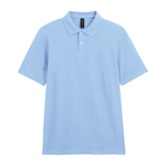 A light blue short-sleeve polo shirt with a two-button placket, displayed flat against a plain white background.