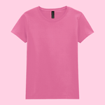 A solid pink short-sleeve crewneck t-shirt displayed flat against a matching light pink background.