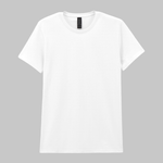 A plain white short-sleeve crewneck t-shirt displayed flat against a solid gray background.