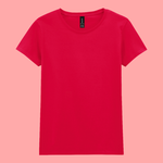 A bright red short-sleeve crewneck t-shirt displayed flat against a solid pink background.