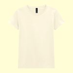 A plain short-sleeve crewneck t-shirt in off-white, displayed flat against a pale yellow background.
