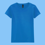 A bright blue short-sleeve crewneck t-shirt displayed flat against a solid light blue background.