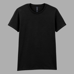 A plain black short-sleeve crewneck t-shirt displayed against a solid gray background.