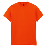 A bright orange short-sleeve crewneck t-shirt displayed flat against a solid white background.