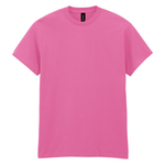 A bright pink short-sleeve crewneck t-shirt displayed flat against a solid white background.