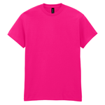 A bright pink short-sleeve crewneck t-shirt displayed flat against a solid white background.