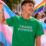 A smiling man outdoors at a pride event wearing a bright green T-shirt with the words 'TRANS POWER' printed across the chest in pastel rainbow colours. He is holding a transgender pride flag, with other people and rainbow flags blurred in the background.