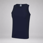 A dark navy blue sleeveless tank top displayed on a light gray background.
