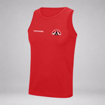 A red sleeveless athletic tank top displayed on a neutral gray background. The shirt features a white customizable text placeholder 'YOUR NAME' on the left chest and a small circular logo with a black and white triangle on the right chest.