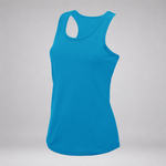 A bright turquoise blue racerback tank top displayed on an invisible mannequin against a neutral gray background.