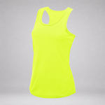 A bright neon yellow-green racerback tank top displayed on an invisible mannequin against a neutral gray background.