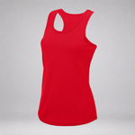 A bright red racerback tank top displayed on an invisible mannequin against a neutral gray background.
