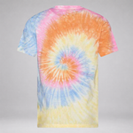A short-sleeve crewneck t-shirt featuring a vibrant tie-dye spiral pattern in orange, pink, blue, and yellow, displayed against a neutral gray background.