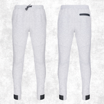 Front and back views of light grey heather jogger sweatpants on a textured light grey background. The front view shows a drawstring waist and side pocket, while the back view shows a welt pocket and black ankle patches.