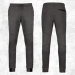 Dark grey heather jogger pants shown from both the front and back views, featuring an elastic drawstring waist, tapered legs, and contrast stitching.