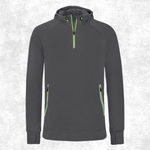 A dark gray pullover hoodie with a half-zip neckline, featuring bright lime green accents on the zipper, drawstrings, and side pockets, displayed against a light gray textured background.