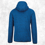 A blue heathered hooded sweatshirt shown from the back, displayed on a light grey textured background.