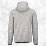 A light grey heathered hooded sweatshirt shown from the back, featuring a high folded hood and long sleeves, set against a textured light grey background.
