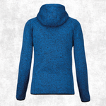 A blue heathered hooded long-sleeve top shown from the back, displayed on a light grey textured background.