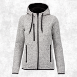 A women's zip-up hooded jacket in a heather grey and white speckled fabric, featuring black drawstrings, a black front zipper, and black vertical zippered hand pockets, shown against a light grey textured background.