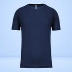 A dark navy blue short-sleeve athletic t-shirt with raglan sleeves, shown against a light blue studio background.