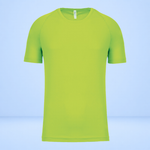 A bright lime green short-sleeve athletic t-shirt displayed on a ghost mannequin against a light blue gradient background.