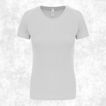 A light gray short-sleeve crewneck t-shirt displayed on a textured light gray background.
