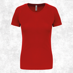 A bright red short-sleeve crewneck t-shirt displayed on a textured light gray background.