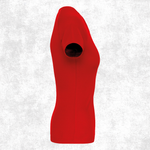 A bright red short-sleeve t-shirt displayed on a female mannequin torso against a textured light gray background.