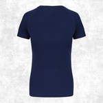 A navy blue short-sleeve athletic t-shirt shown from the back, displayed on a light gray textured background.