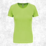 A lime green short-sleeve crewneck t-shirt displayed on a textured light gray background.