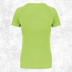 A lime green short-sleeve athletic t-shirt shown from the back, displayed on a light gray textured background.