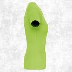 A lime green short-sleeve athletic t-shirt shown from the side on a textured light gray background.