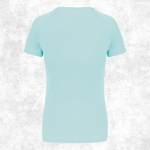 A light mint green short-sleeve athletic t-shirt shown from the back, displayed on a textured light gray background.