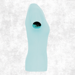 A light aqua blue sleeveless bodysuit or long bodyskin with a circular neck opening, shown on a white textured background.