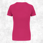 A bright pink short-sleeve athletic t-shirt shown from the back, displayed on a light gray textured background.