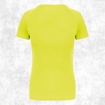 A bright neon yellow short-sleeve athletic t-shirt shown from the back, displayed on a textured light gray background.