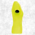 A bright neon yellow short-sleeve t-shirt displayed on a ghost mannequin against a textured light gray background.